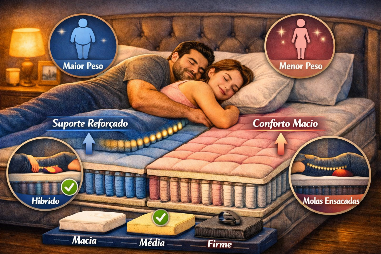 casais com pesos corporais muito diferentes Mostra um casal dormindo confortavelmente em um colchão dividido em zonas de conforto — uma mais firme para quem tem maior peso e outra mais macia para quem é mais leve. Ícones e ilustrações destacam os tipos ideais de colchões (híbrido e molas ensacadas) e o equilíbrio entre suporte e conforto.