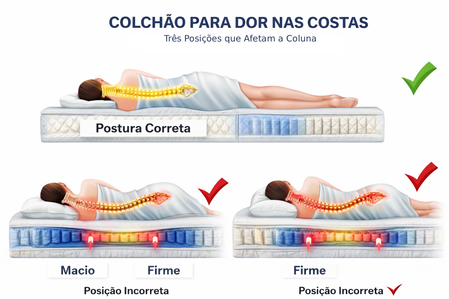 colchao-casal-para-dores-nas-costas mostra com precisão os afundamentos reais nos pontos de pressão (ombros e quadril) na primeira posição, o afundamento central com arco na coluna e colchão na segunda, e o arco superior causado pelo travesseiro e pela falta de zonas de conforto na terceira.