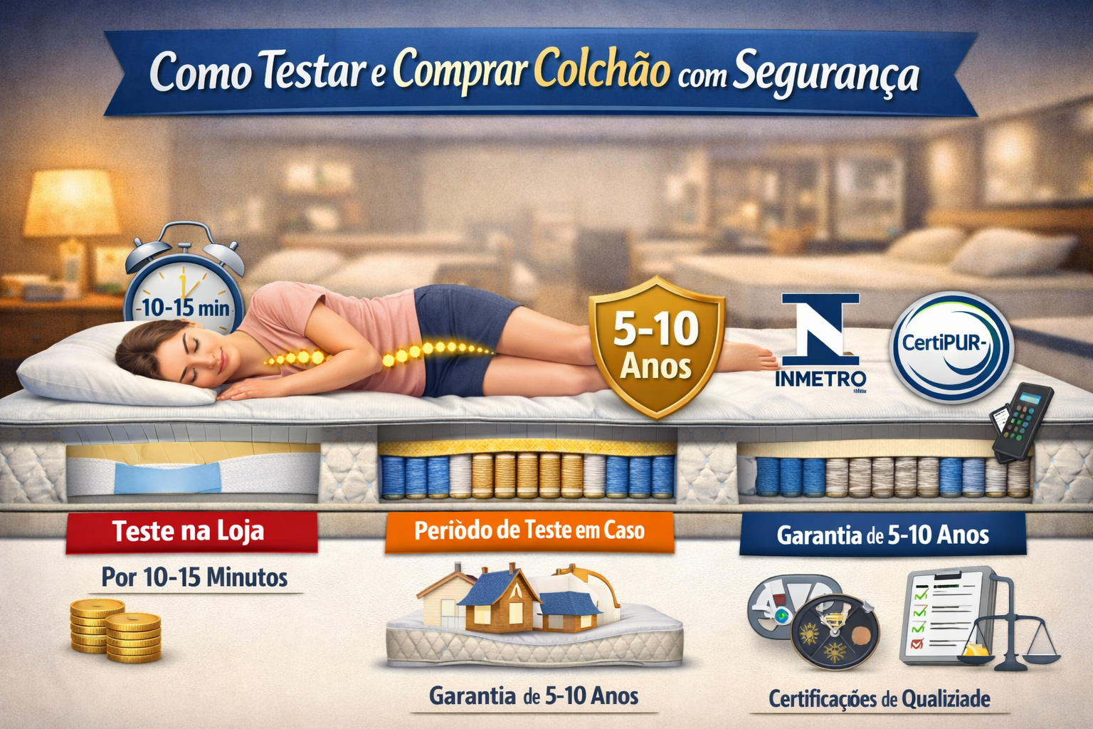 como-testar-e comprar-com-segurança Mostra uma pessoa testando o colchão na loja e ícones que representam os principais cuidados: teste de 10–15 minutos, período de teste em casa (30–100 noites), garantia de 5–10 anos, certificações INMETRO e CertiPUR, e comparação de peso e densidade.