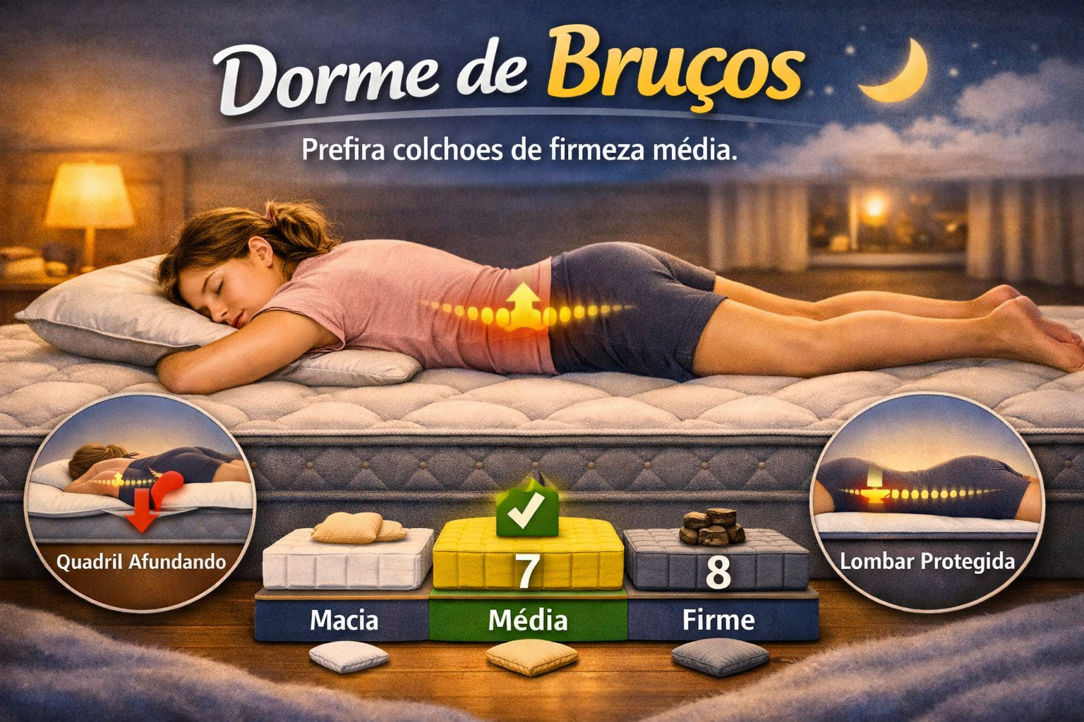 dormir de bruços Mostra uma pessoa dormindo de bruços sobre um colchão firme, com destaque para o suporte adequado que evita o afundamento do quadril e protege a lombar. Ícones e ilustrações reforçam o conceito de firmeza ideal e alinhamento da coluna, mantendo o estilo visual consistente com suas outras imagens sobre posições de sono.