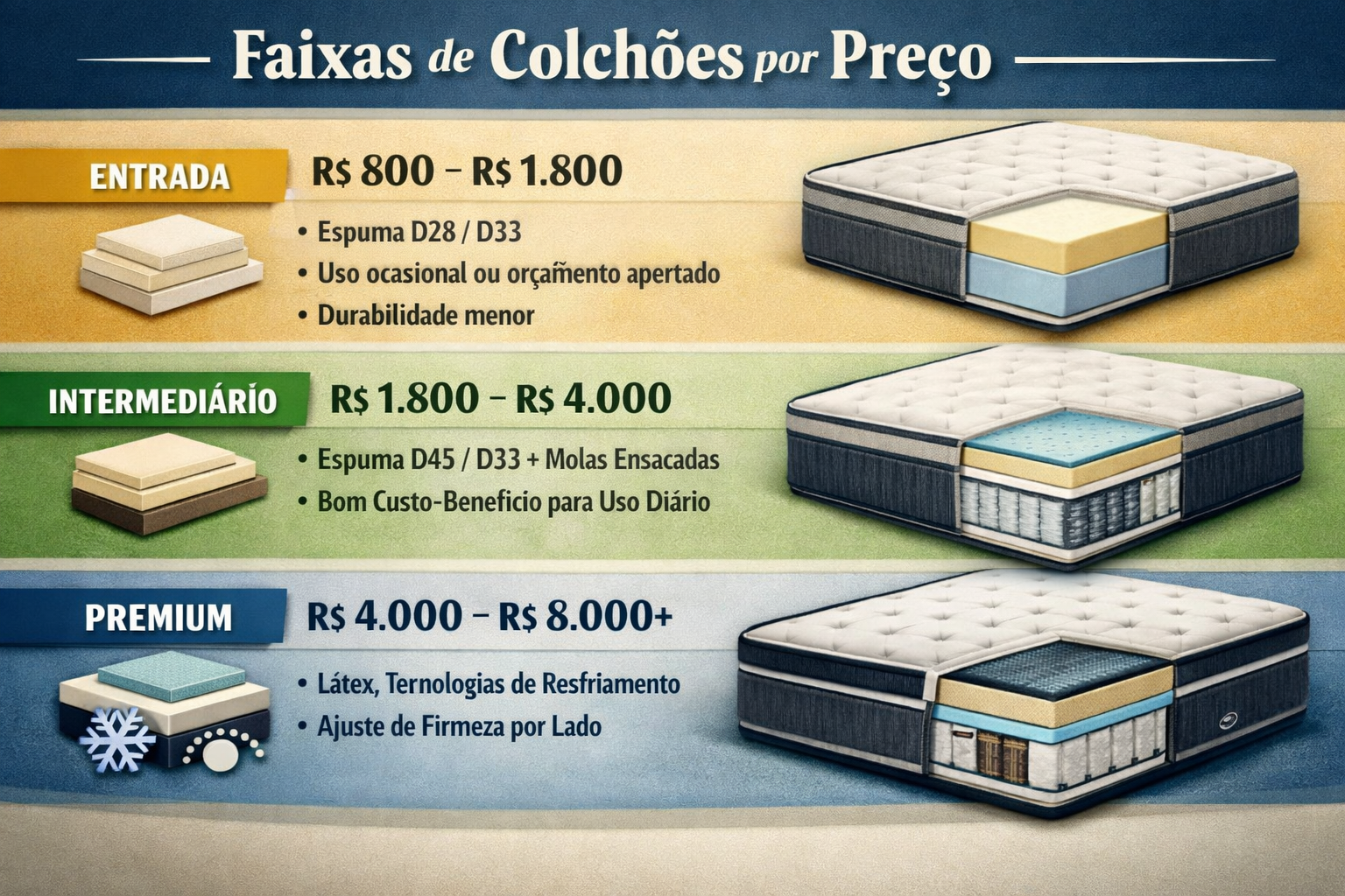 faixa-de-preco-de-colchao A imagem com as faixas de colchões por preço já está disponível para você visualizar. Ela mostra de forma clara e organizada as três categorias — Entrada, Intermediário e Premium — com cores distintas, ícones e ilustrações que destacam as diferenças de materiais, tecnologias e valores.