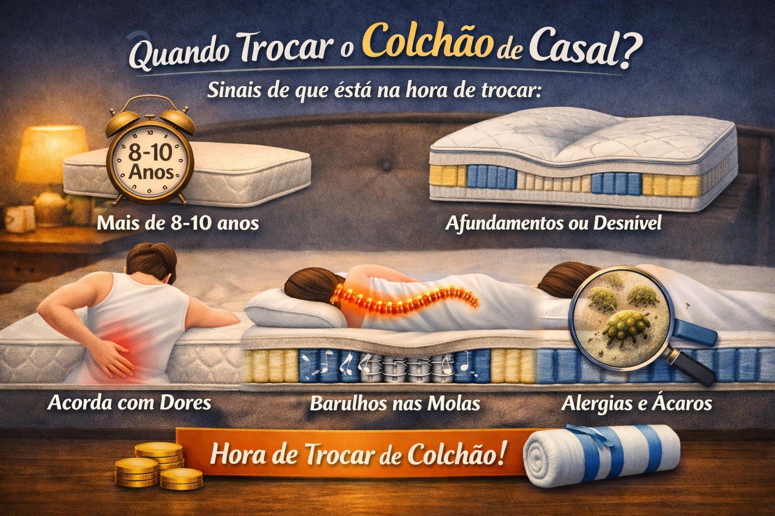 quando-trocar-colchao-de-casal Mostra de forma clara os principais sinais de desgaste: tempo de uso acima de 8–10 anos, afundamentos ou desnível, dores ao acordar, barulhos nas molas e acúmulo de ácaros. O design mantém o estilo informativo e acolhedor, com ícones e cores que facilitam a leitura e destacam o momento certo de substituir o colchão.